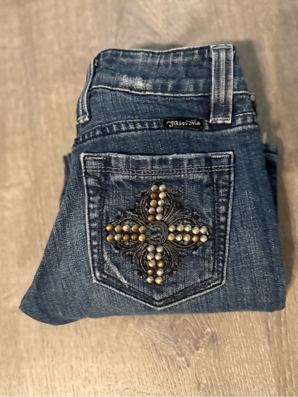 Miss Me Dark Blue Bootcut Jeans with Studded Cross Pocket